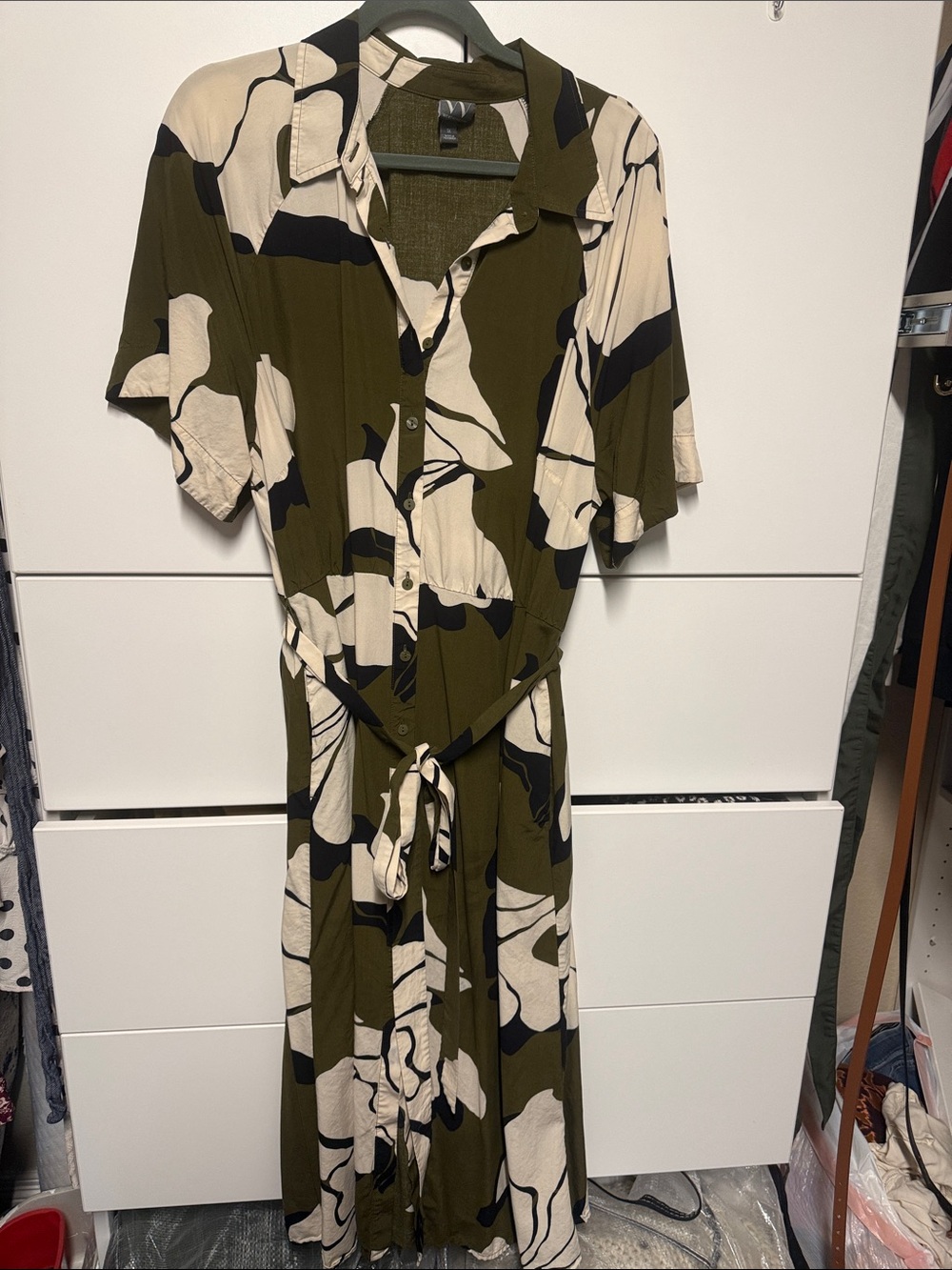 Worthington Olive Green Button-Front Floral Midi Dress